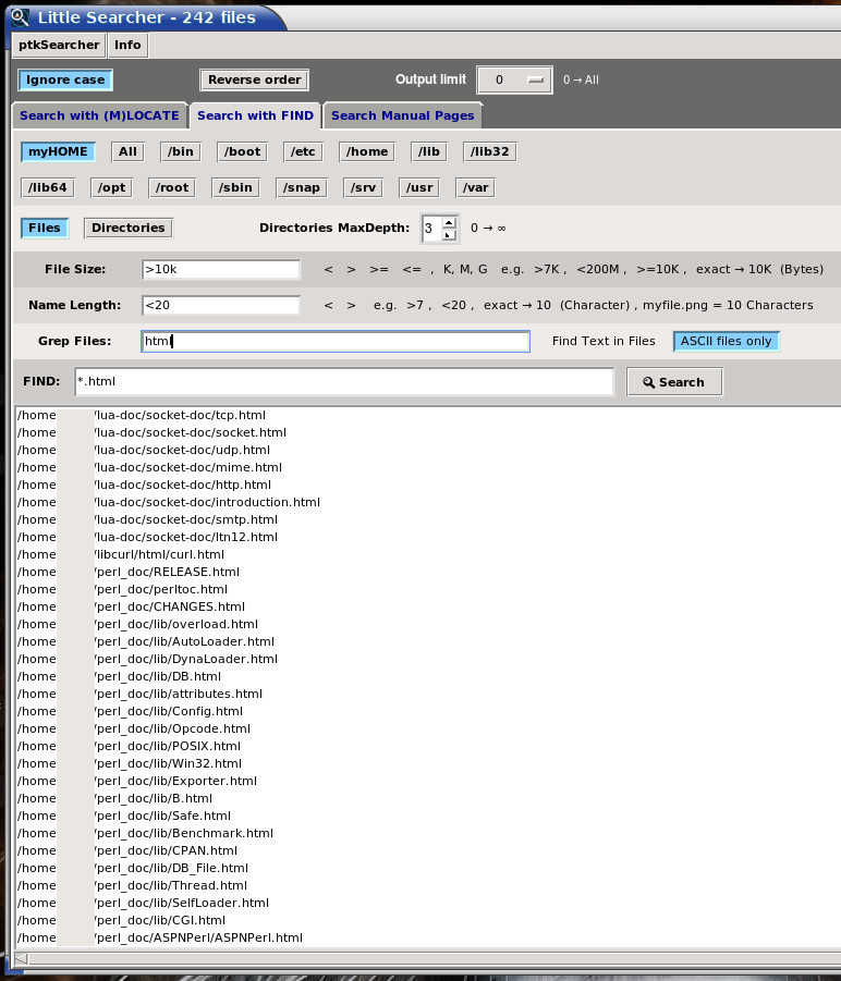 ptkSearcher, Search with Find, grep in files