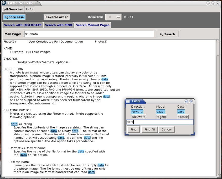 ptkSearcher, Find all in Manual Pages