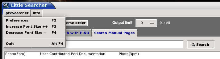 ptkSearcher, Menu Preferences