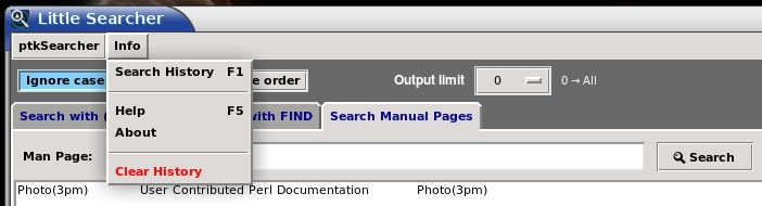 ptkSearcher, Menu Info